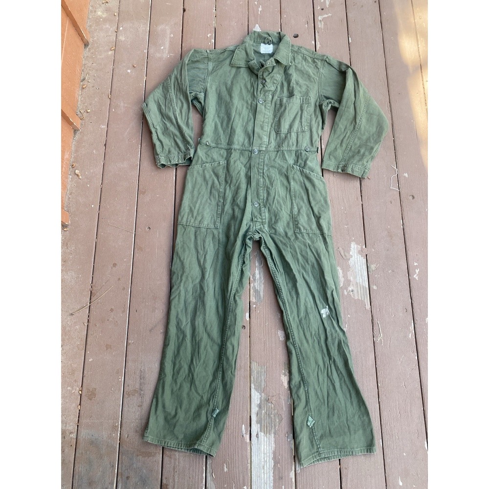 Vintage 80s Type 1 Military Flight Jumpsuit Green Coveralls XL Slant Pocket